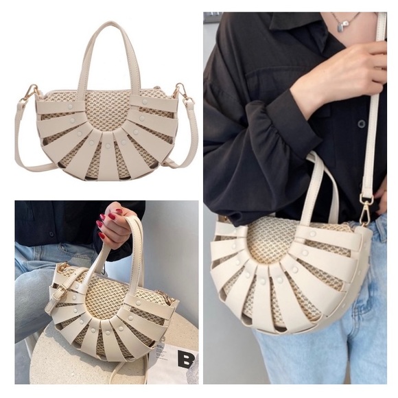 Bags Last One Beige Vegan Leather Rattan Semi Circle Crossbody Bag